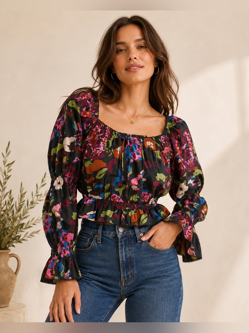Cleobella Jasmine Blouse XL Garden Floral Organic Cotton Puff Sleeve Top NWT
